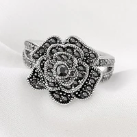 classic creative black rose flower inlaid crystal zirconium silver color alloy female ring for women party jewelry accessories