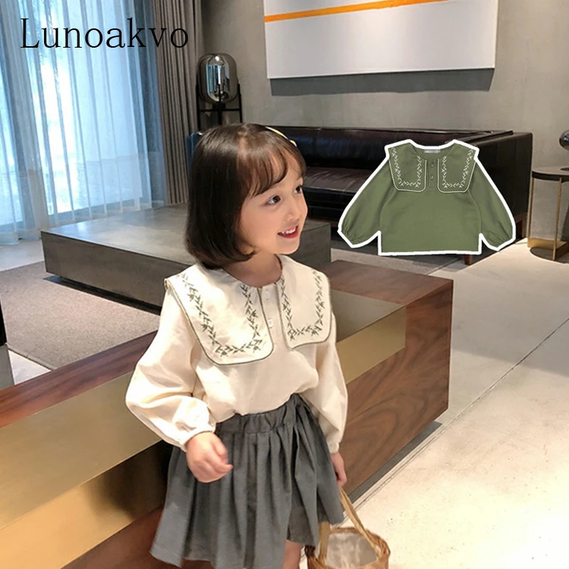 

Lunoakvo Новинка; Сезон весна-осень; 2021 хлопковая блузка для девочек однотонная одежда для детей с длинными рукавами; Школьная одежда для девоче...