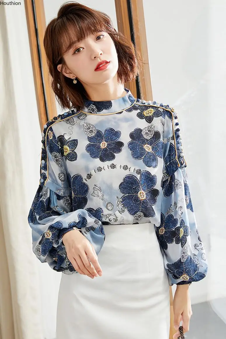 

Houthion Chiffon Shirt Women's Blouses Long Sleeve Top Spring/autumn Fashion Tops New Vintage Blouse Flowers Pullover