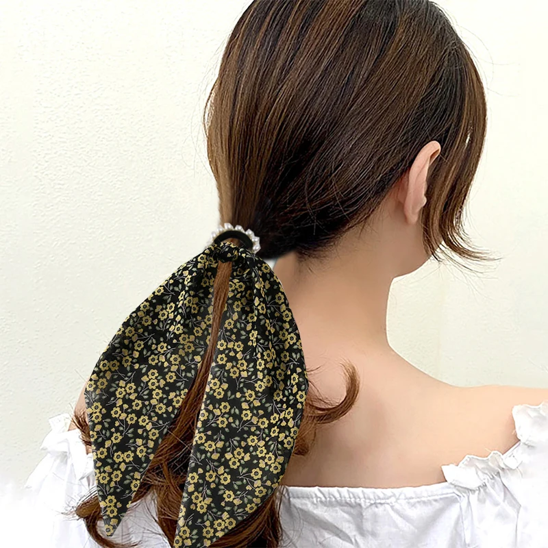 

Fashion Satin Silk Long Hair Ribbon for Women Pearl Bow Floral Printing Scrunchies Elastic Hair Bands Ponytail Hair Accessories