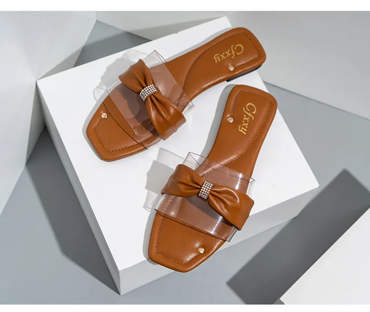 

Women Slippers Square Toe Transparent PVC Ladies Flat Slides Crystal Bling Female Outdoor Beach Flip Flops Woman Shoes Sandales