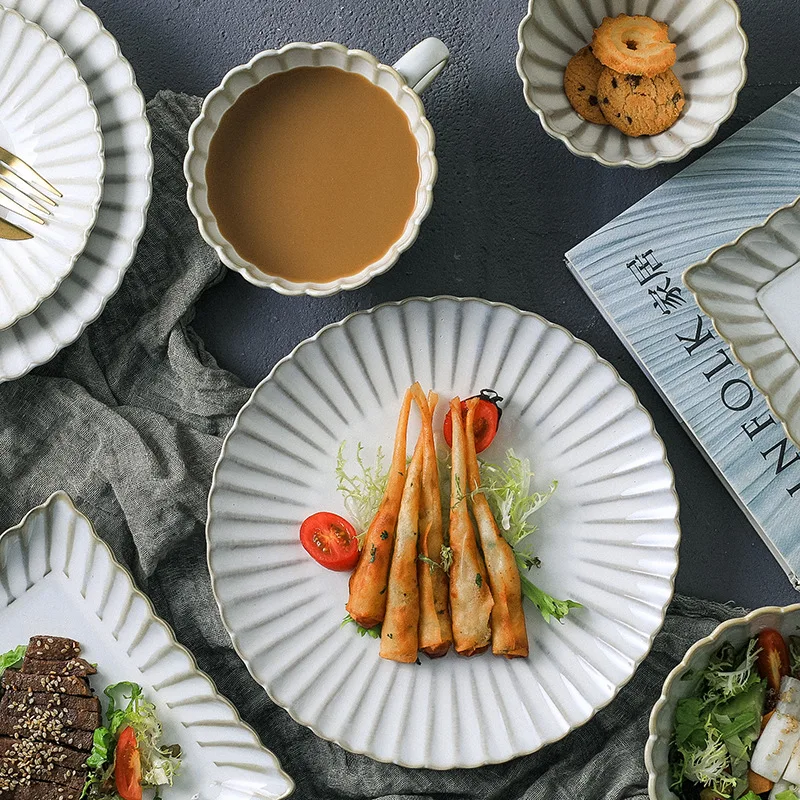 Kitchenware Ceramic Tableware Western Plate Dinner Bowl Soup Bowl Square Plate Coffee Cup White Glazed Chrysanthemum Tableware