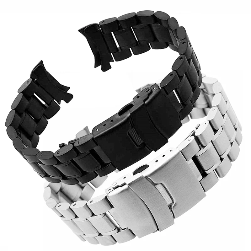 20 22mm Black Silver Solid Curved End Solid Links Replacement Watch Band Strap Bracelet Double Push Clasp For Seiko