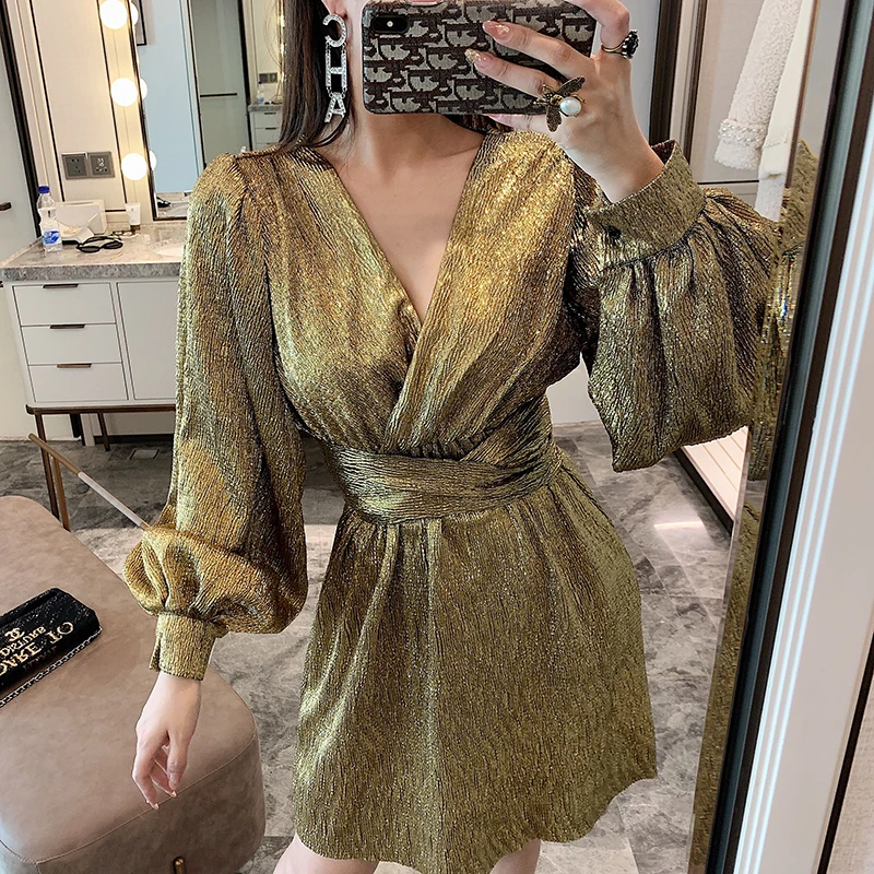 Платье MUMUZI Bling Fresh Bodycon для женщин с длинными рукавами на запахе и высокой талией для вечеринок весны 2020 года.