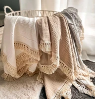 2 layers tassel edge solid muslin cotton blanketboho style baby swaddle stroller cover newborn bath towel receiving blanket
