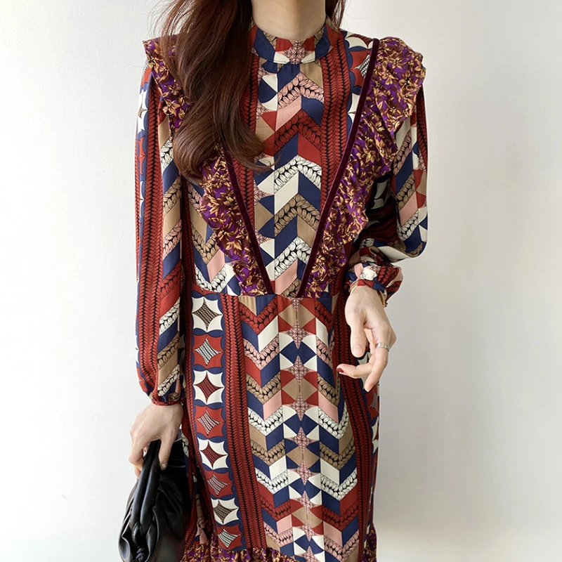 

Spring Autumn Retro Stand-Up Collar Geometric Printing Wood Ear Stitching Straps Waist Slim Long-Sleeved Dress