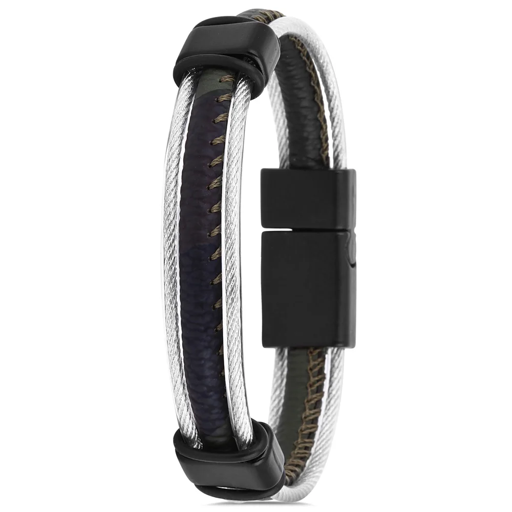 

Parigi PRGJWG147-01 Mens Bracelet Bangles Fashion Jewelry Steel Leather Metallic Gray Black Purple Birthday Gift for Mens