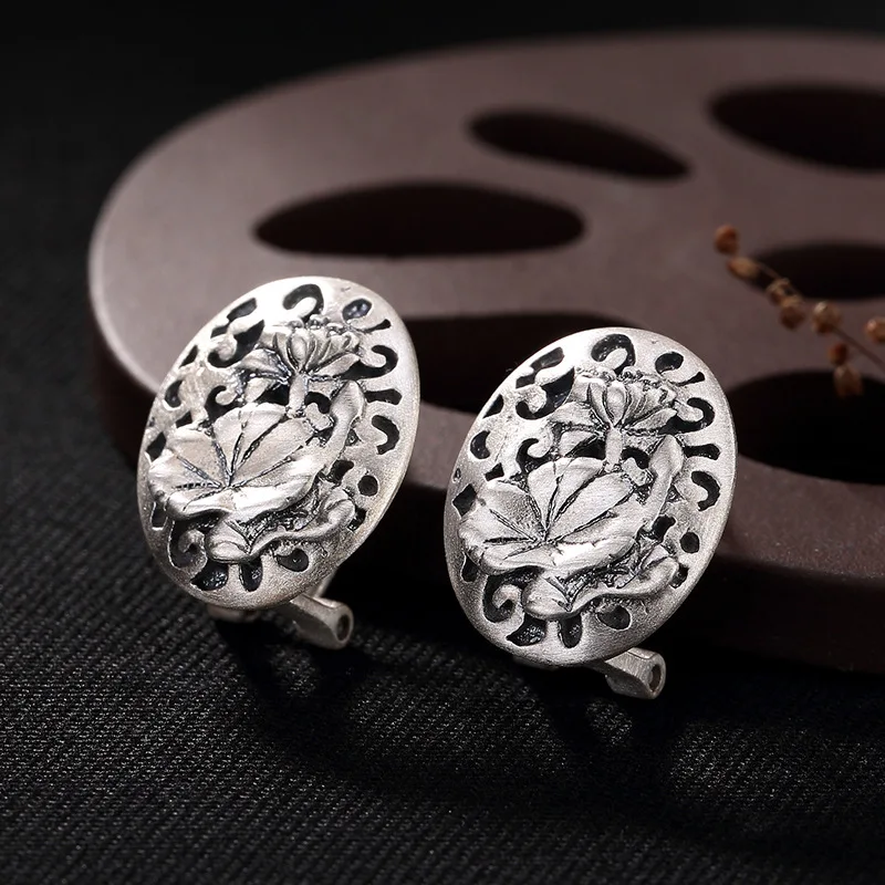 S925 Pure Anemone Lotus Leaf Matt Color Retro Simple High-grade Silver Ear Nails Wholesale | Украшения и аксессуары