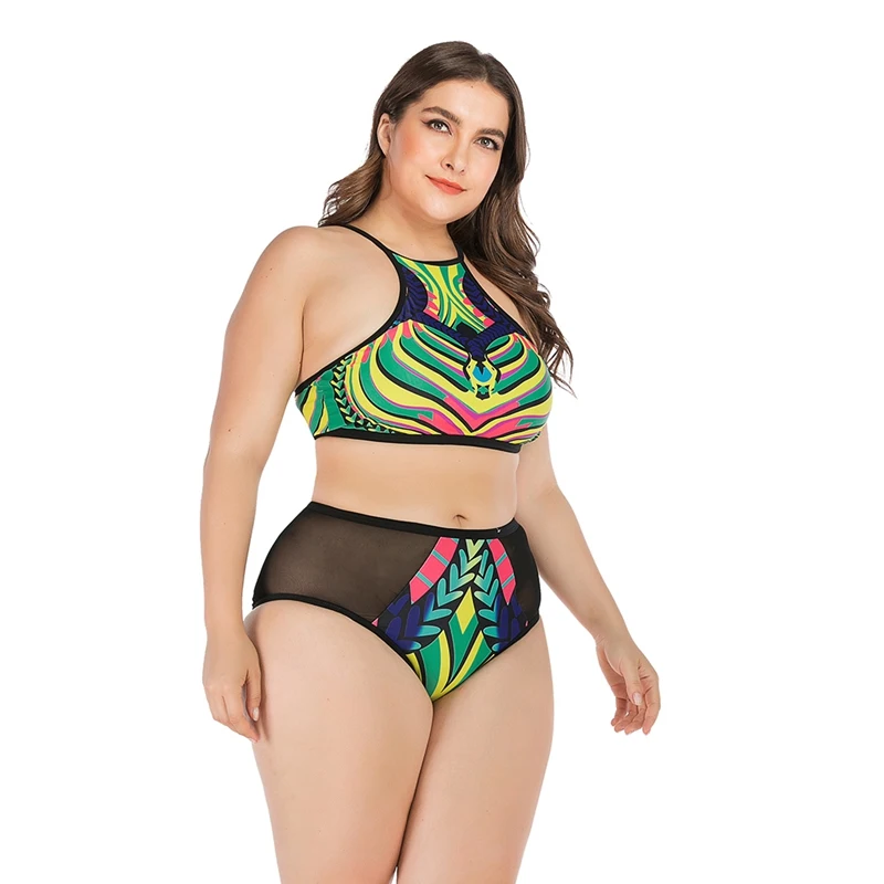Женское танкини Лоскутная молния сзади застежка Высокая талия Быстросохнущий
