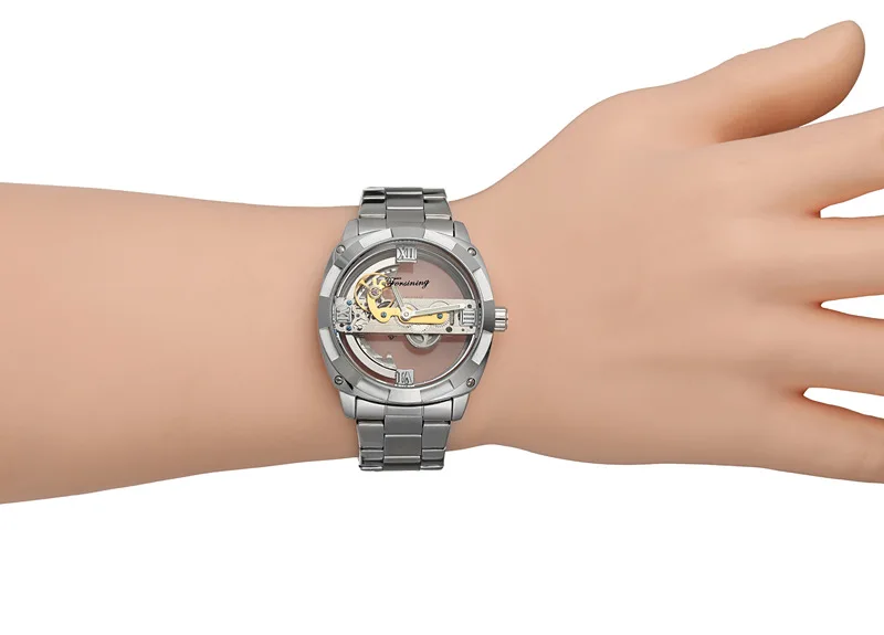 

Forsining Top Brand Men Automatic Mechanical Watch Transparent Skeleton Military Creative Personality Male Stainless Steel Clock