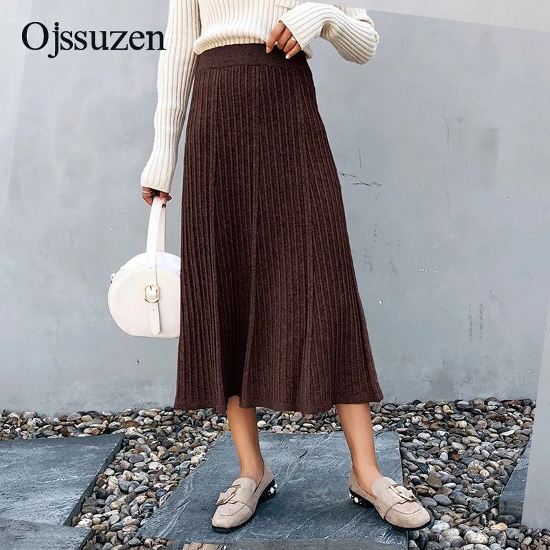 

Clothes Winter Elastic Waist Women's Skirt Knitted A Line Ladies Casual Work Soft Woman Skirts Sweater Korean Coffee Black
