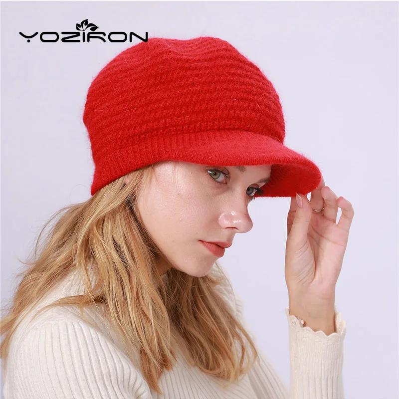 Модные вязаные зимние шапки из кроличьего хлопка с козырьком для женщин и