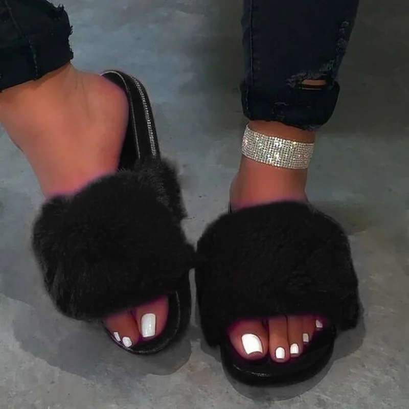 

Women Fur Slippers Shoes Furry Fluffy Slippers Summer Outdoor Home Shoes Female Flip Flops Slides for Woman 2020