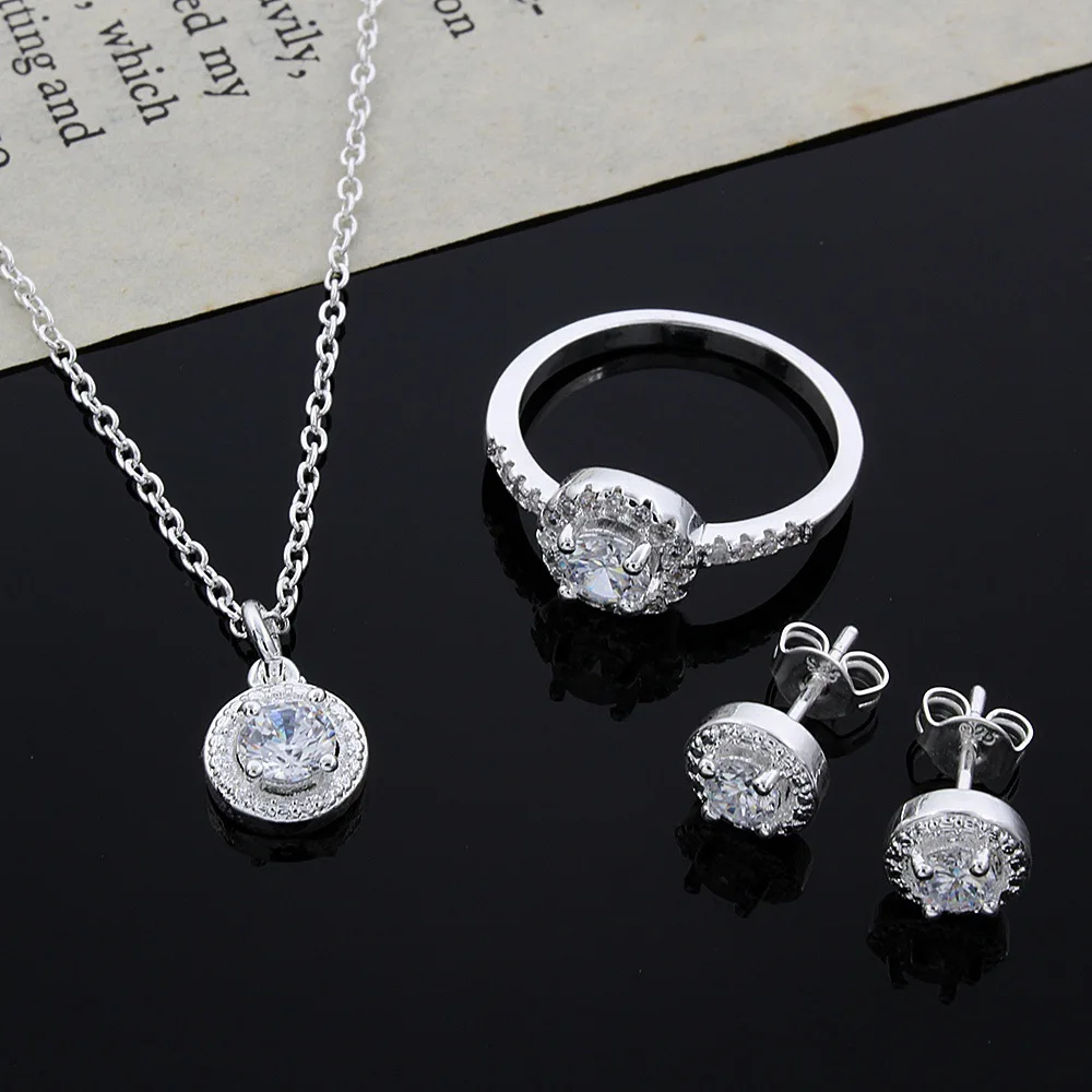 

925 Sterling Silver AAA Zircon Chain Necklace Pendants Earring Set Ring 8# For Woman Wedding Engagement Party Charm Jewelry S001