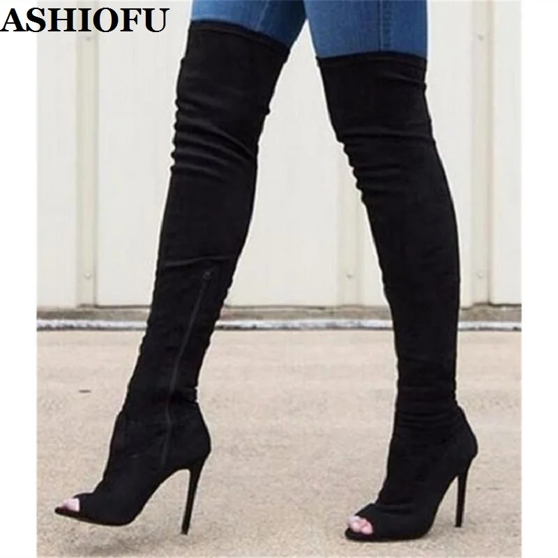 

ASHIOFU Women Over The Knee Boots PU Leather High Heels Boots Female Sexy Peep-toe Thigh High Boots Party Evening Fashion Boots
