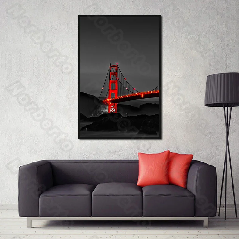 

Night Landscape Canvas Painting Wall Poster American Architecture Golden Gate with Red Lights At Night for Home Rooms Decoration