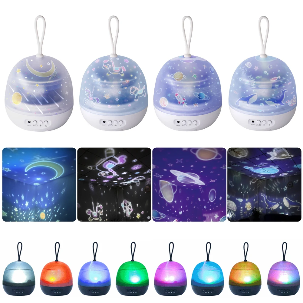 4 в 1 светодиодный Звездный вращающийся Ночной светильник луна звезда волны