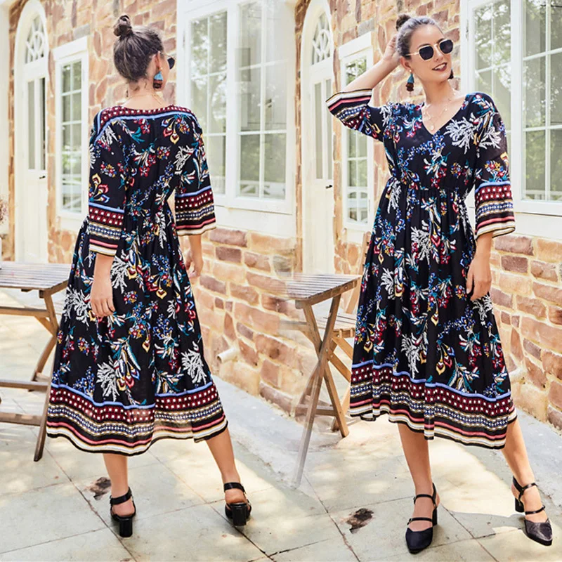 Женское платье Бохо модное Повседневное с v-образным вырезом и высокой талией