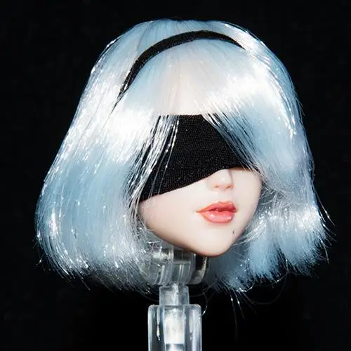 

1/6 Scale Female Head Sculpt with Movable Eyes Automata 2B Girl Short White Hair Head Carving Model for 12'' Female Figure Body