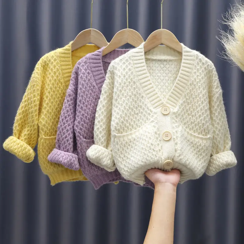 

Little Girls Sweaters Autumn V-neck Cardigan Knit Wool Children Girls Clothes Warm Winter Outfits for 4 5 6 7 8 9 10 11 12 Years