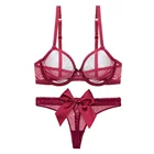 Горячее предложение, пуш-ап, Для женщин бюстгальтер с трусиками комплект с глубоким вырезом кружева сексуальное проволочное кольцо топы с бюстгальтером без косточек, трусики-брифы с бантом для девочек; Комплект одежды размера плюс 30-42