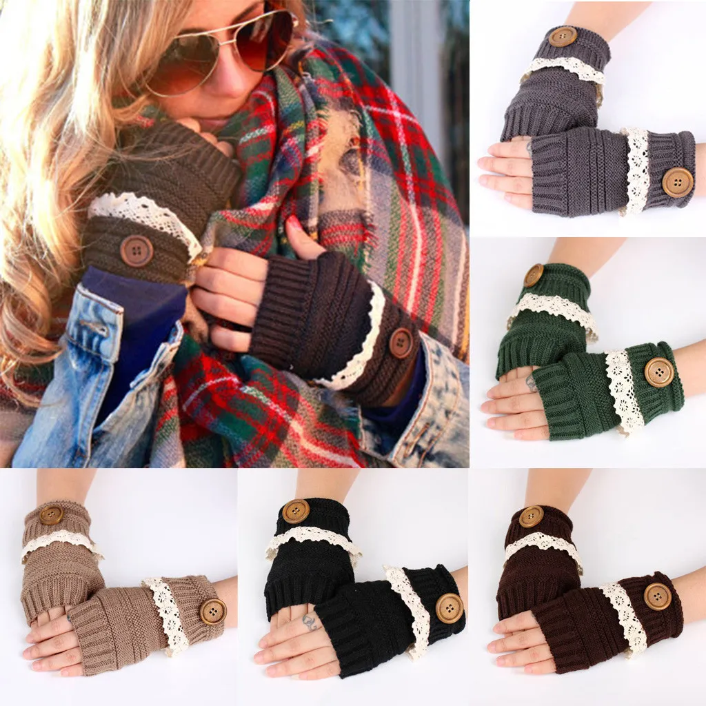 Женские перчатки без пальцев руки вязания крючком стрейч Кнопка выемчатый Лист