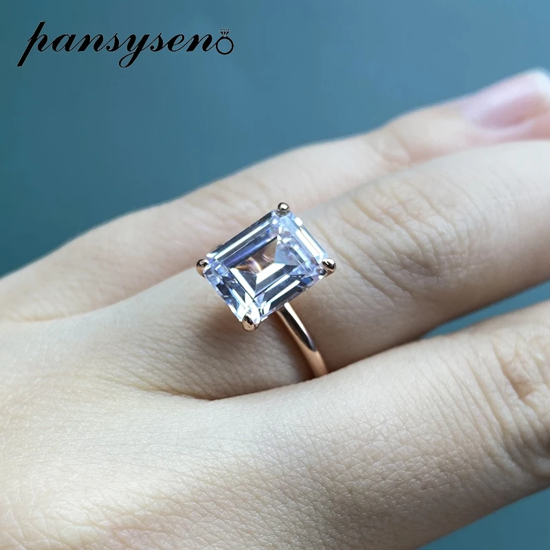 PANSYSEN 100% 925 Sterling Silver Simulated Moissanite Diamond Gemstone Wedding Band Ring Rose Gold Color Fine Jewelry Rings