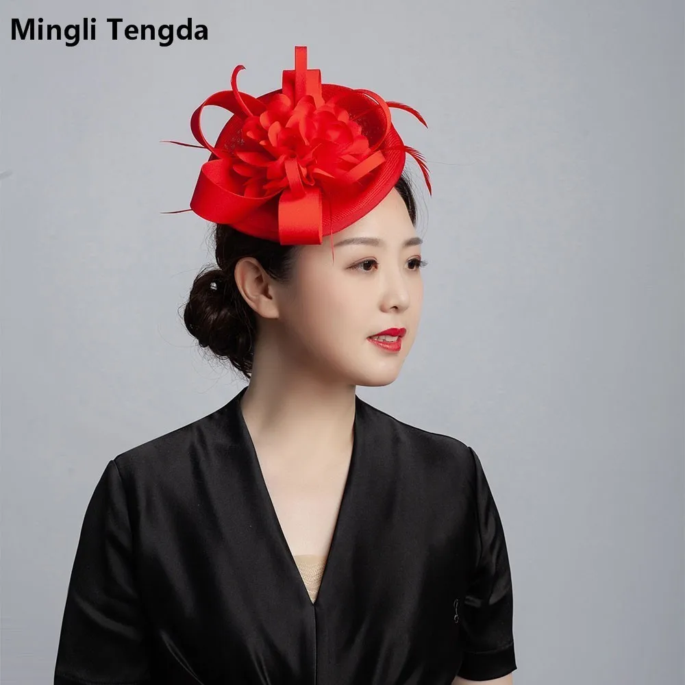 Mingli Tengda головной убор невесты колпак декоративный Свадебная шляпка фотография Cambric шляпа Свадьба темно-синий/белый/зеленый Свадебные аксессуары тиара - Цвет: red