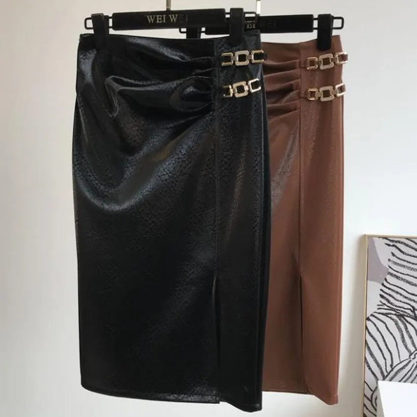 Осенне-зимняя юбка из искусственной кожи с Боковым Разрезом женская модная