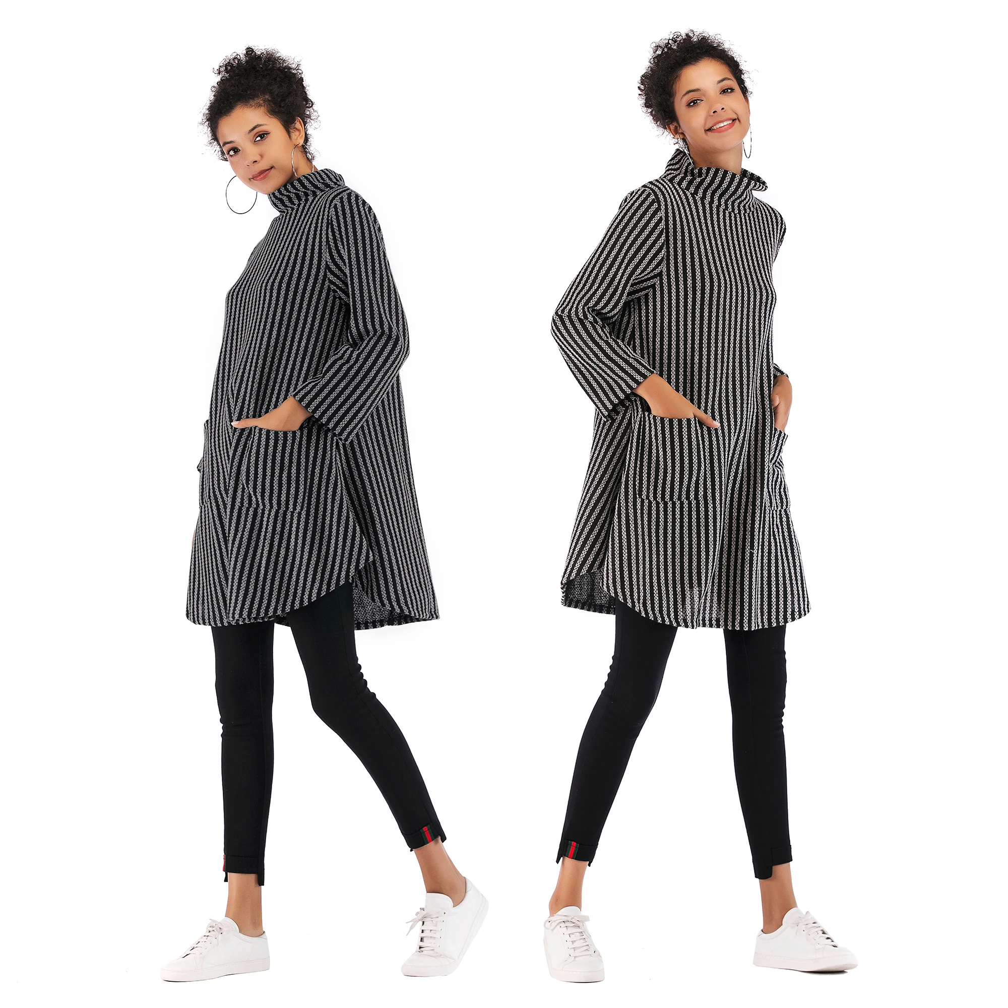 PGSD Autumn winter simple Big size Women knitted sweater pocket Long stripe Pullover loose casual Warm Turtleneck female clothes | Женская