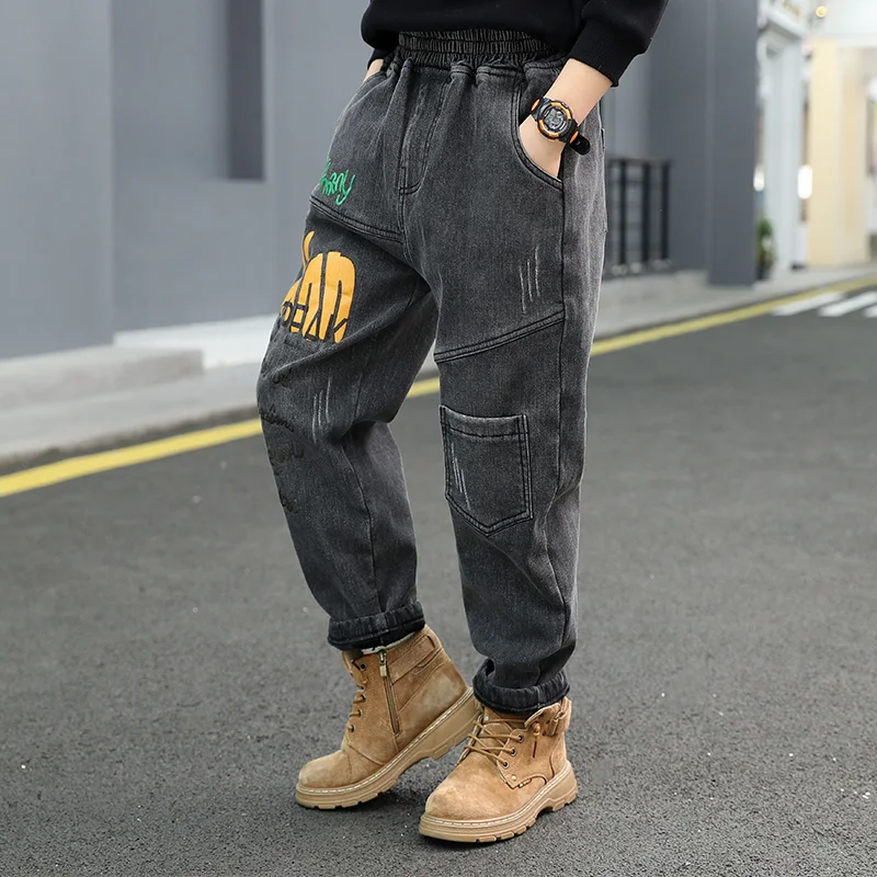 

Print Elastic Waist Boys Denim Pants 3-15 Years Old Children's Clothes Black Spring and Autumn Kids Trousers Casual Clothes