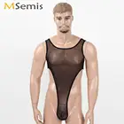 Мужское прозрачное Сетчатое нижнее белье, сексуальное нижнее белье без рукавов с глубоким U-образным вырезом, стринги, Ночная одежда для геев, эротическое боди