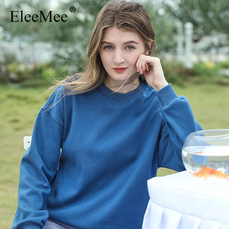 

EleeMee 2021 Spring Hoodies Women Loose Velvet Long Sleeve O-Neck Korean Casual Solid Color Cotton Female Tops Free Size
