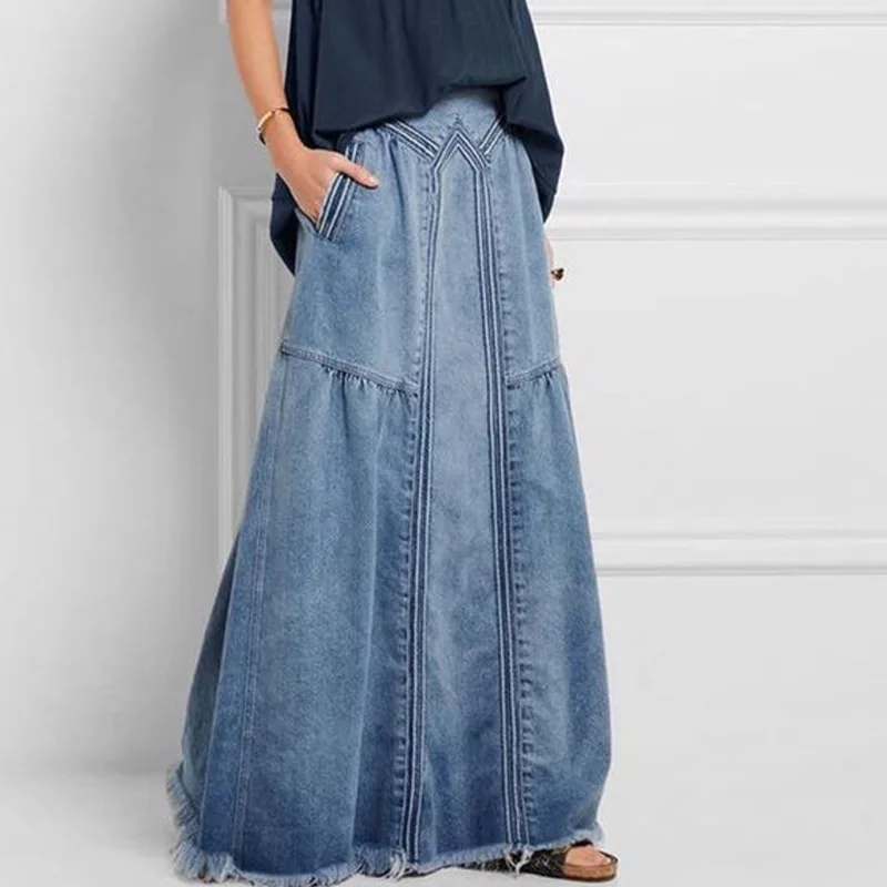

Women Summer Patchwork Pockets Tassels Denim Female Skirt 2021 Vintage All-match Solid Loose A-line Skirts Elastic Waist New