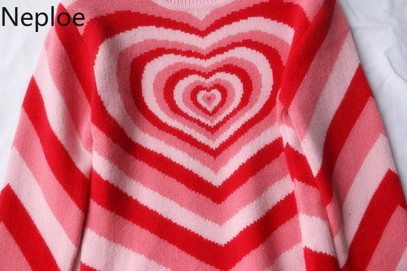 Neploe Love Heart Pattern Sweater Women Color Matching Rainbow Half Turtleneck Pullover Jumper Autumn Slim Knitted 80292 | Женская