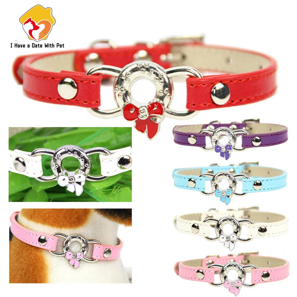 Personalized Leather Small Dog Collar Cute Bow pattern decoration Puppy Strap Cat Necklace Kitten Collars Dccessorie XXS/XS | Дом и сад