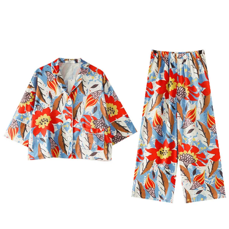 Long sleeved pajamas women's high-grade printed two-piece set of simulated silk  women pajamas