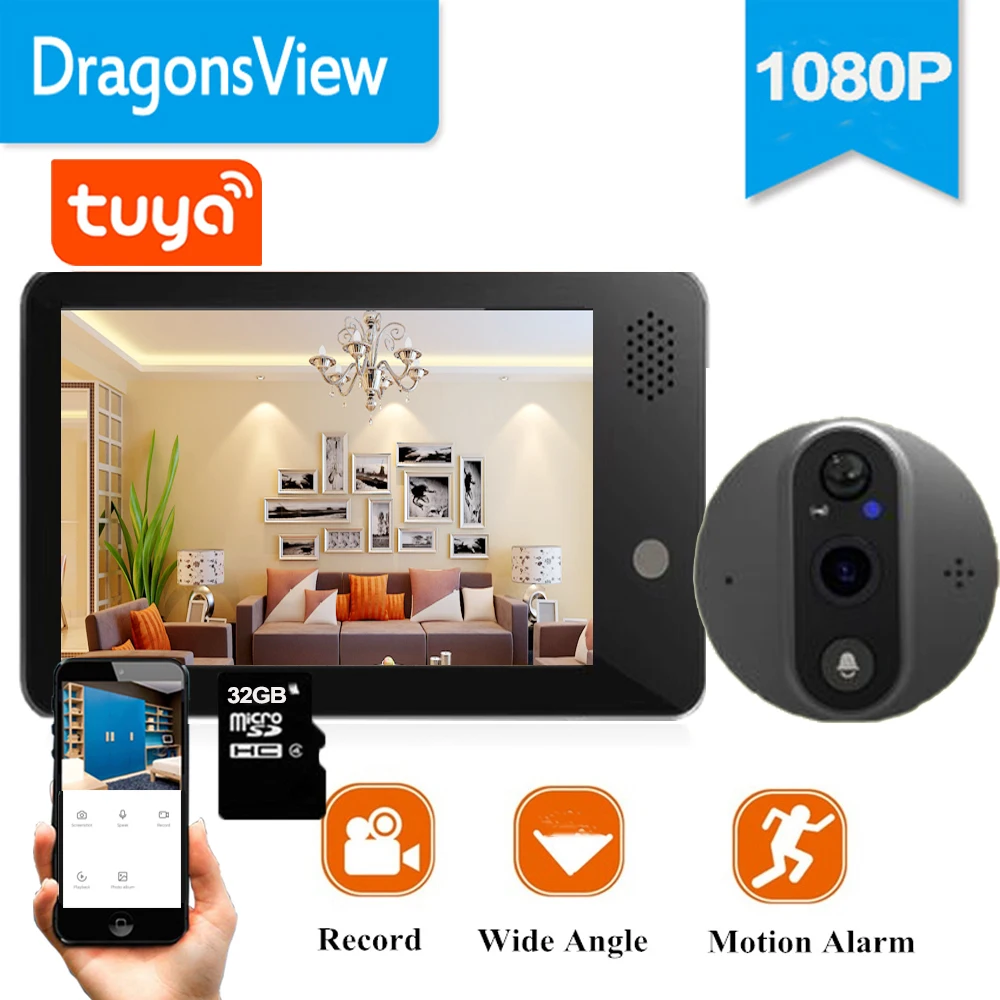 Dragonsview Tuya Smart Wifi Video Doorbell Peephole 1080P Wireless Door Viewer Camera Intercom 4.3 inch Screen Motion Record