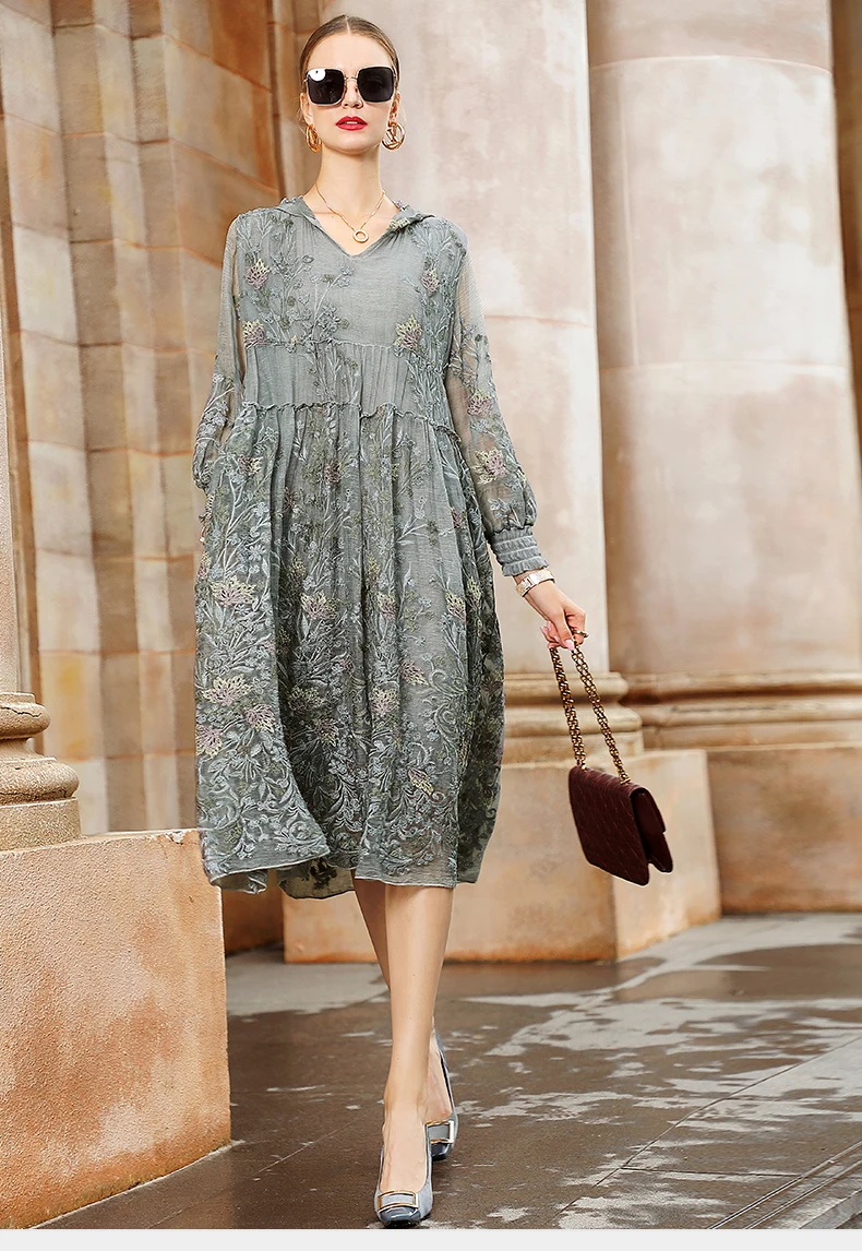 Шелковое платье 2020 весеннее женское новое из тутового шелка с вышивкой длинным