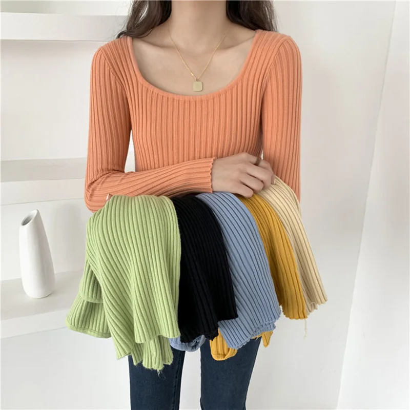 

Women Long Sleeve Basic Knit Top Casual O-neck Ribbed Sweater Autumn Winter New Solid Color Slim Bodycon High Quality Pullovers