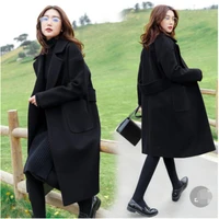 in long suit collar female new winter han edition over the knee black cloth coat thin woolen cloth coat