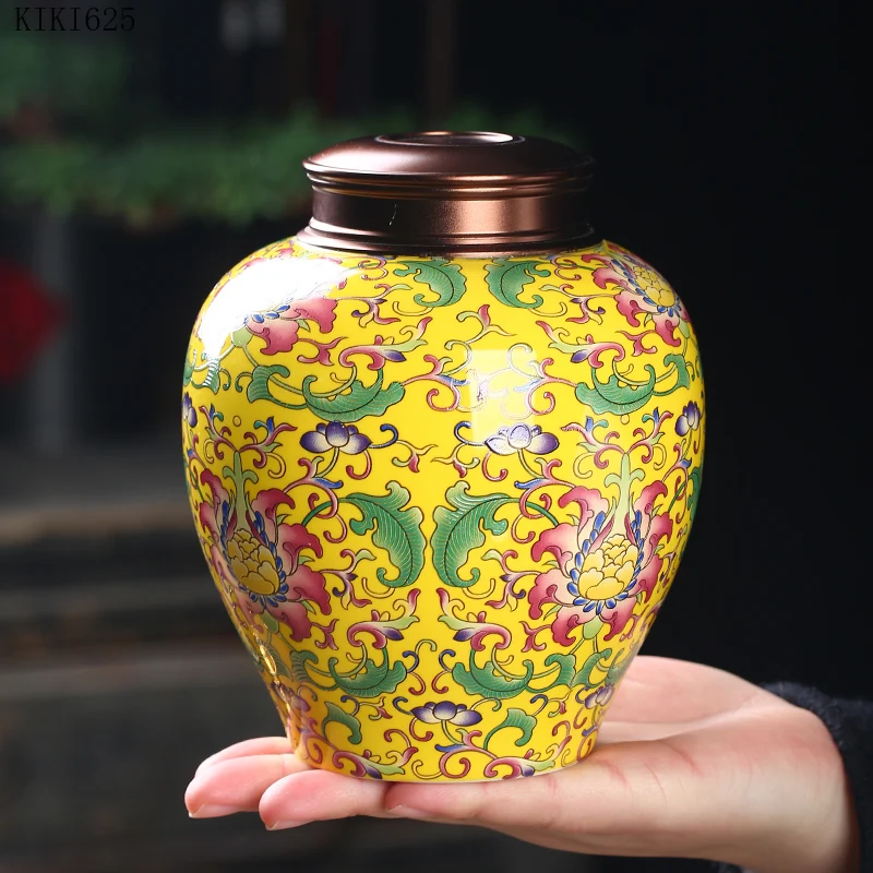

Creative Painted Flower Ceramic Storage Jar with Alloy Lid Household Sealed Tea Tin Porch Desktop Decoration Home Accessories