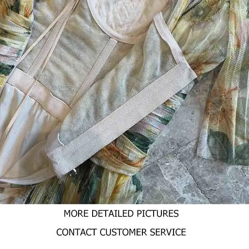 

Cosmicchic 2021 Summer Women Pleated Print Dress Flared Medium Sleeve High Waist V-neck Pleated Mesh Mini Dress Runway Designer