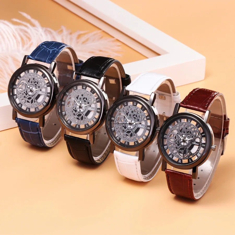 

Luxry Brand Hollow Engraving Wristwatch for Men Skeleton Watch Male Saat Women Quartz Watch Business Fashion Leather Band Clock