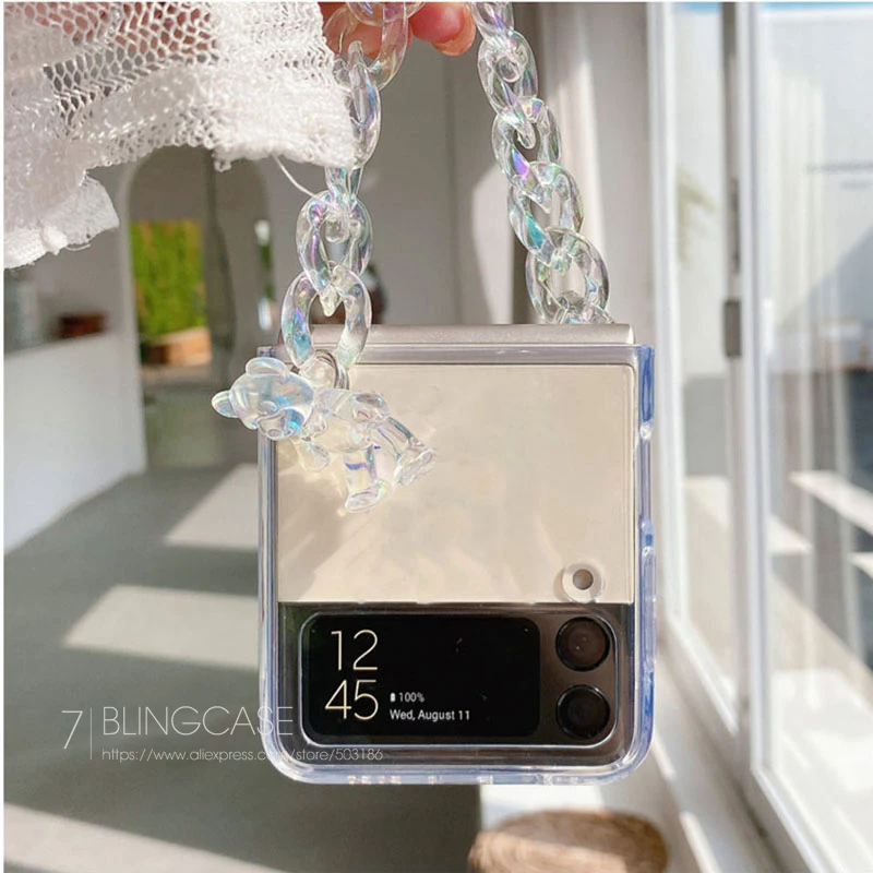 Чехол для телефона с медведем и браслетом Samsung Galaxy Z Flip 3 Hand Chain Clear 4 Cover - купить по