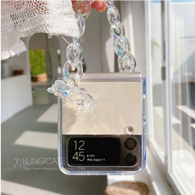 Чехол для телефона с медведем и браслетом Samsung Galaxy Z Flip 3 Hand Chain Clear Cover | Мобильные
