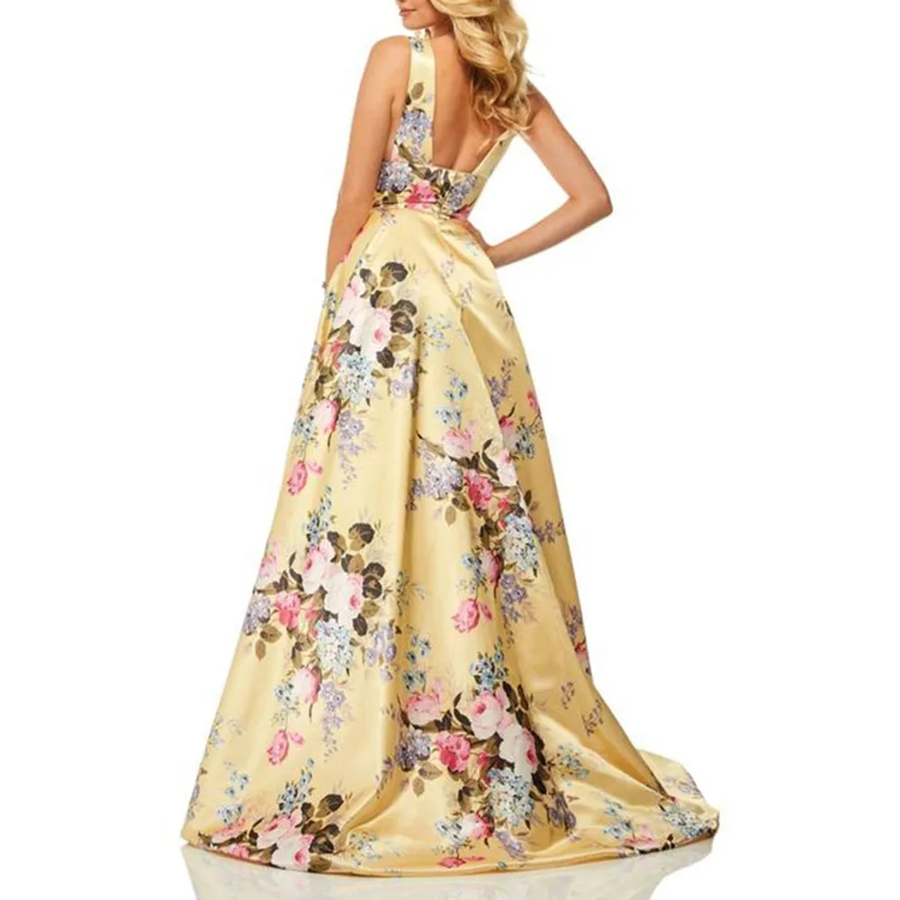 

Western Style Women's Dress Sleeveless Printing V-neck Swing High Waist Backless Temperament Elegant 2021 Summer New