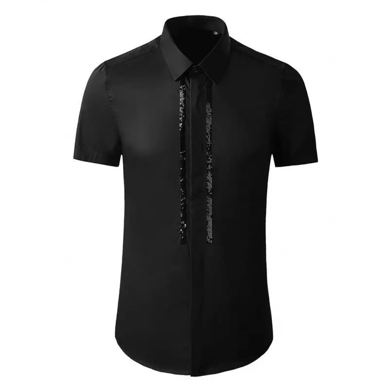 

Embroidered Man Bead Luxury Short Sleeve Solid Color Casual Male Shirts Camisa Masculina Slim Fit Mens Dress Shirt