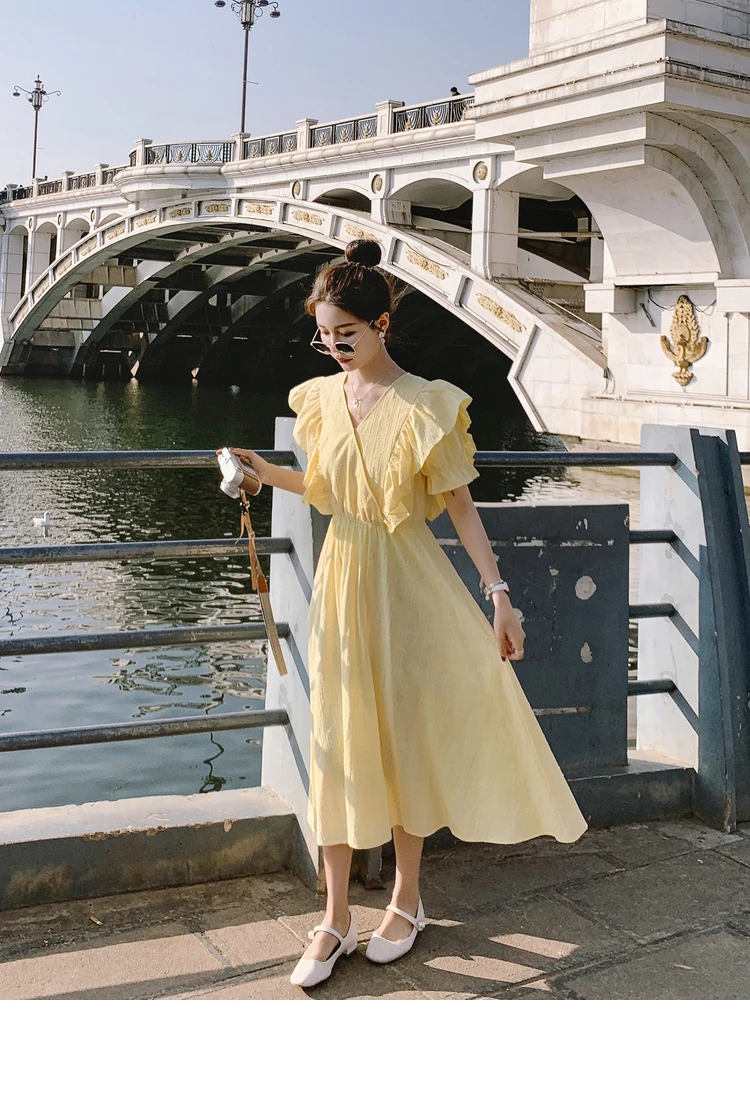 

Summer 2021 New Korean Vintage Elegant Casual V-Neck Ruffles Puff Sleeve High Waist Solid Color Print Patchwork Long Dress