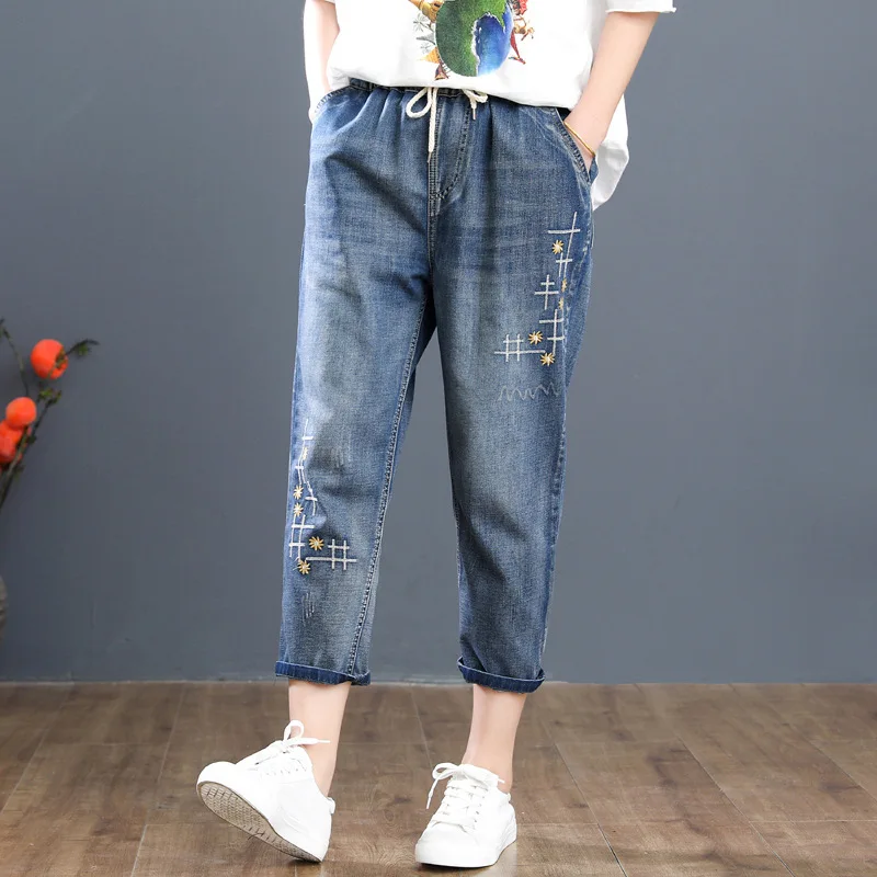 Женские джинсовые брюки, Капри размера плюс с эластичной резинкой на талии джинсы с цветочной вышивкой для женщин в винтажном стиле; Свобод...